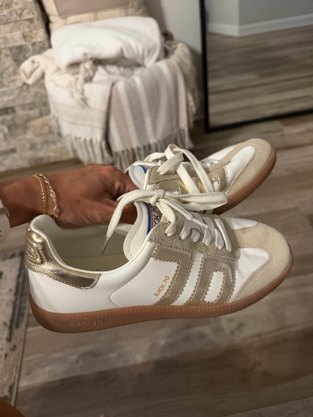 Women's White and Gold Leather Sneaker